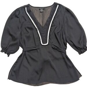 Lane Bryant Plus 18 20 2X Black V-Neck Sheer Babydoll Top Blouse Beaded Silver